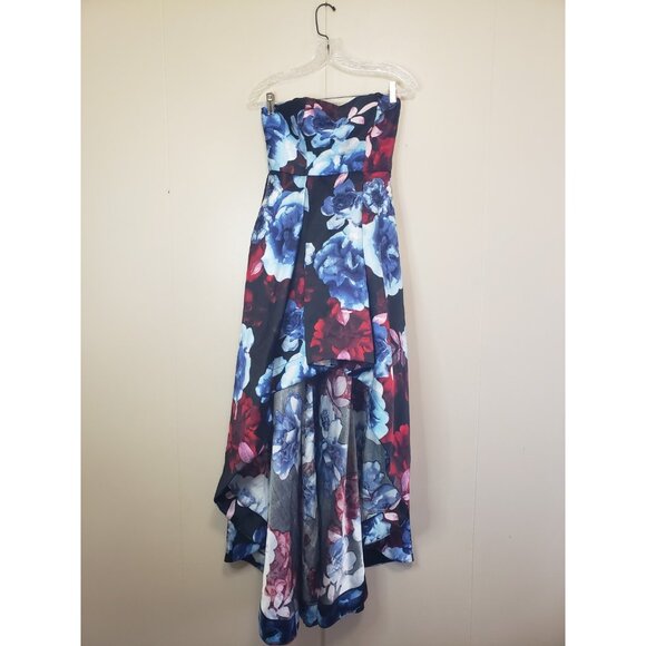 Speechless Juniors 3 Strapless Formal Dress High Low Bold Floral Red Blue Prom - Picture 1 of 5